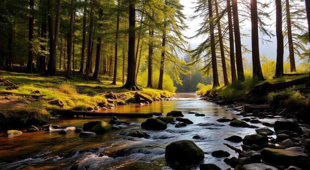 A serene forest landscape with rays of warm sunlight filtering through the lush, verdant canopy. In the foreground, a tranquil stream flows gently, its soothing sounds echoing through the peaceful scene. Weathered rocks and mossy logs line the banks, creating a natural, organic feel. In the middle ground, tall, majestic trees sway gently in a light breeze, their leaves rustling softly. The background features a distant mountain range, its peaks shrouded in a hazy, atmospheric mist. The overall mood is one of calm, restorative tranquility, inviting the viewer to immerse themselves in the soothing sounds and sights of the natural world.