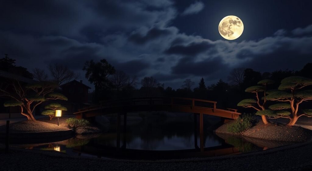 A serene nighttime scene, a tranquil Japanese garden with a wooden bridge arching over a still pond. The bridge is dimly lit by a single paper lantern, its soft glow reflecting on the water's surface. In the background, a full moon shines through wispy clouds, casting a gentle, ethereal light across the scene. Carefully trimmed bonsai trees and raked gravel surround the pond, creating a sense of calm and balance. The overall atmosphere is one of quiet contemplation, inviting the viewer to slow down, breathe deeply, and let the mind drift into a state of relaxation.