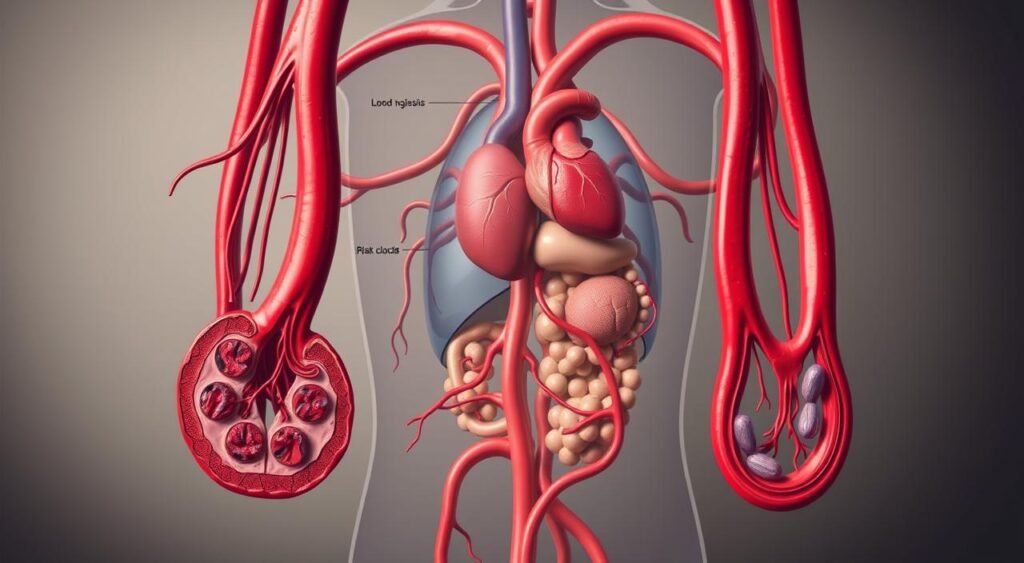 An intricate anatomical diagram depicting the human circulatory system, highlighting the risk factors and conditions associated with thrombosis. The foreground showcases detailed cross-sections of blood vessels, depicting the formation of blood clots and their potential to obstruct blood flow. The middle ground features a stylized visual representation of the heart, lungs, and other key organs, emphasizing their interconnectedness with the vascular network. The background depicts a subdued, muted color palette, creating a sense of seriousness and medical gravity. The lighting is soft and diffused, lending a clinical, educational tone to the illustration. The overall composition conveys the importance of understanding and addressing thrombosis-related health risks.