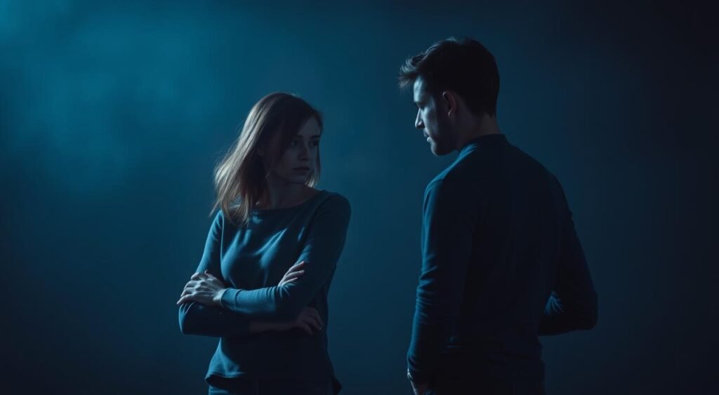 Insecure couple facing each other in a dimly lit room, tension palpable in the air. The woman's posture is guarded, arms crossed, eyes downcast. The man stands with hands clenched, brow furrowed, uncertainty radiating from him. Muted tones of gray and blue create a somber, melancholic atmosphere. Soft shadows accentuate the emotional distance between the pair, the fragility of their connection. Hazy, out-of-focus background elements suggest a world outside their shared space, one they struggle to engage with fully. An intimate, introspective scene conveying the essence of relationship insecurity and its impact on trust.