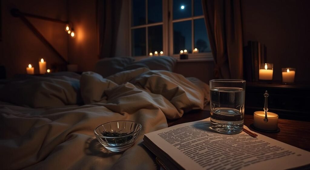 Ritual noturno: a dimly lit bedchamber, illuminated by the soft glow of candles. Plush bedding in muted tones, a cozy sanctuary for evening contemplation. On the nightstand, a small bowl of fragrant herbs, a crystal glass of water, and a well-worn journal. The atmosphere is serene, calming, and conducive to deep relaxation. Through the window, the night sky is visible, a gentle reminder of the transition from day to night. The camera angle is intimate, capturing the essence of this personal ritual, inviting the viewer to partake in the tranquility of the scene.