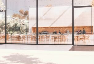 Contemporary café with glass panels and natural light in Cupertino.