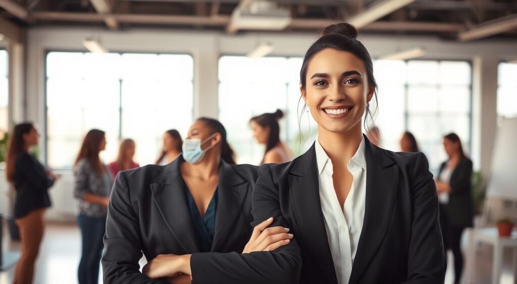A confident young woman in professional business attire stands in the foreground, radiating empowerment and self-assuredness. She has a warm smile, reflecting inner strength and joy. In the middle ground, a diverse group of women engage in supportive conversations, showcasing camaraderie and mutual encouragement, symbolizing the essence of female confidence. The background features a bright and airy workspace with large windows allowing natural light to flood the scene, creating a vibrant atmosphere. Soft, diffused lighting enhances the warmth of the setting, while a shallow depth of field focuses on the women, adding a sense of intimacy. The overall mood is uplifting, inspiring, and celebratory, illustrating the daily aspects of female self-esteem that go beyond mere appearance.