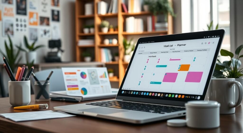 A digital workspace scene focused on visual planning and organization. In the foreground, a sleek laptop with an open planner application showcasing colorful task lists, goals, and a calendar layout. Next to the laptop, a set of neatly arranged stationery: pens, sticky notes, and a coffee mug to enhance the workspace vibe. In the middle ground, soft natural light illuminates a well-organized desk filled with inspiring visuals like mood boards and charts. The background features a bookshelf filled with productivity books and plants, creating a calm and motivating atmosphere. The composition is slightly angled to capture depth, emphasizing clarity and focus. The overall mood is professional, inspiring, and organized, ideal for illustrating digital planning concepts.