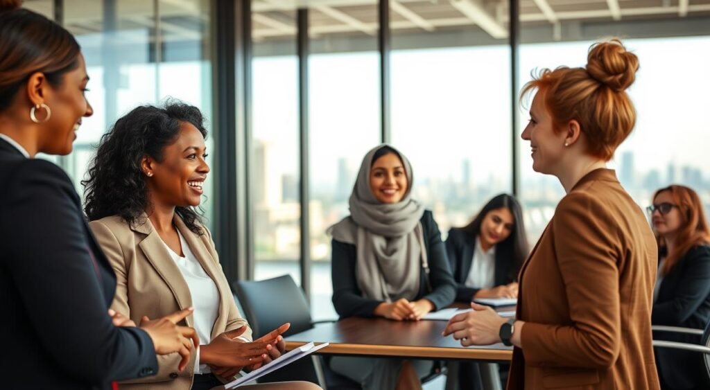 A diverse group of professional women engaged in a dynamic discussion in a modern conference room. In the foreground, two women of different ethnicities, one African American and one Asian, are animatedly exchanging ideas, both in smart business attire. In the middle ground, two additional women—one Middle-Eastern and one Caucasian—are seated at a table, listening attentively and taking notes. The background features large windows with a view of a city skyline, allowing natural light to stream in and create a warm, inviting atmosphere. The scene conveys empowerment and collaboration, highlighting the theme of female leadership and professional growth in a contemporary setting, captured with a slight depth of field to focus on the participants.