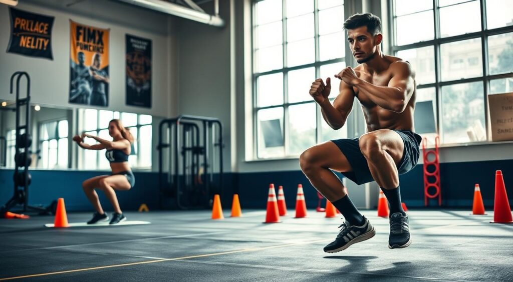 A dynamic scene capturing elite athletes in a high-performance training environment. In the foreground, a focused male athlete performs explosive squat jumps, showcasing muscle definition and concentration. To the left, a female athlete executes precise lunges, embodying strength and technique. The middle ground features a vibrant training facility with equipment like weights, resistance bands, and agility cones, emphasizing the disciplined approach to conditioning. In the background, large windows let in natural light, creating an energetic atmosphere, while motivational posters adorn the walls. The lighting is bright and inspiring, with a lens angle that highlights the athletes’ movements and determination. The overall mood is one of dedication, intensity, and a commitment to excellence in sport, free from distractions or overtraining.
