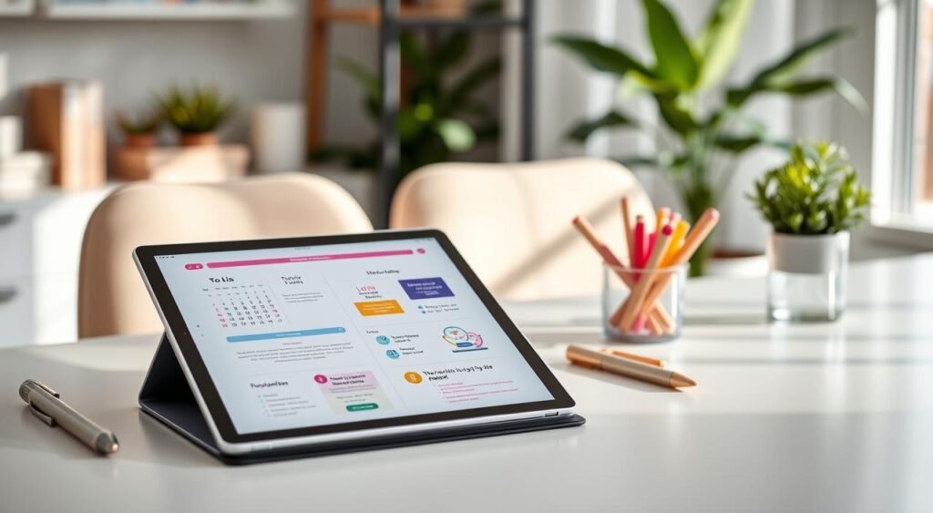 A modern digital planner opened on a clean, minimalist desk. In the foreground, focus on the sleek, responsive screen displaying colorful to-do lists, calendars, and motivational quotes, showcasing a seamless interface. Surrounding the planner are stylish stationery items such as a silver pen and a modern cup filled with highlighters. In the middle ground, a soft, inviting chair adds comfort while a lush green plant peeks from the side, enhancing the workspace's aesthetic. The background features a subtle blurred view of a well-organized home office with natural light streaming through a window, creating a warm and productive atmosphere. The scene conveys efficiency and inspiration, ideal for anyone seeking to stay organized in 2025.