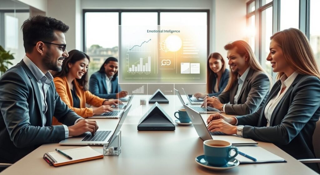 A modern, vibrant online learning environment depicting a blended EAD (Educação a Distância) experience. In the foreground, a diverse group of professionals, dressed in smart casual attire, engaged in an interactive online tutoring session on laptops and tablets. They are seated at an organized desk with notebooks and coffee cups, displaying focus and collaboration. In the middle ground, a holographic display of a virtual classroom, showcasing graphs and emotional intelligence concepts, emphasizes the dynamic learning process. In the background, a window reveals a sunny day, symbolizing growth and opportunity. Soft, natural lighting illuminates the scene, creating an inviting and professional atmosphere. The wide-angle shot captures the essence of modern education, blending technology and personal interaction seamlessly.