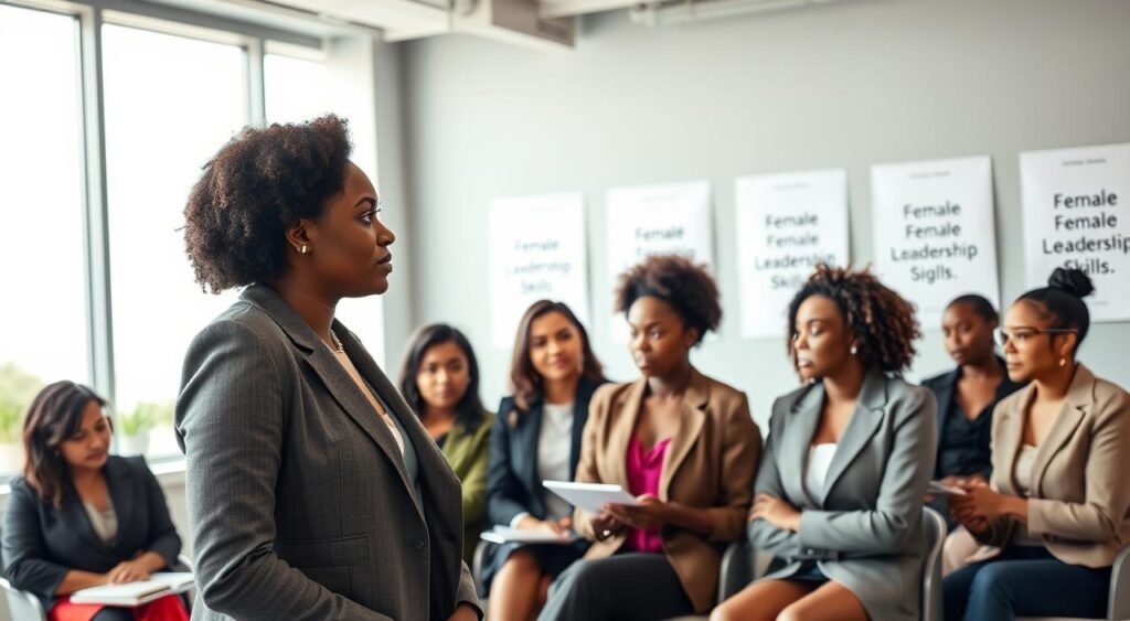 A professional setting featuring a group of diverse women engaged in a leadership course. In the foreground, a confident woman of African descent is speaking to the group, dressed in business attire. The middle ground shows attentive participants, including women of various ethnic backgrounds, taking notes and discussing among themselves, all in stylish professional clothing. In the background, a modern classroom setting with large windows allowing natural light to flood in, brightening the room and creating a warm atmosphere. Subtle decorative elements include motivational posters about female leadership on the walls. The overall mood is empowering and collaborative, with a focus on growth and education in leadership skills.