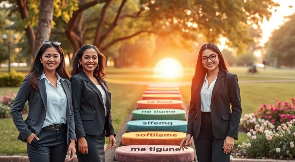 A serene and empowering scene depicting a diverse group of women engaged in the "seven steps to boost confidence." In the foreground, three women of different ethnicities stand confidently with bright smiles, dressed in professional business attire. They are positioned in a supportive stance, symbolizing solidarity and empowerment. In the middle ground, a motivational image of seven colorful stepping stones etched with positive affirmations appears, leading to a vibrant sunrise that casts warm, soft lighting over the entire scene. The background features a calm park with lush greenery and blooming flowers, creating a peaceful and uplifting atmosphere. Capture the essence of confidence and transformation in this vibrant composition, focusing on warmth and positivity, while avoiding any text or logos.
