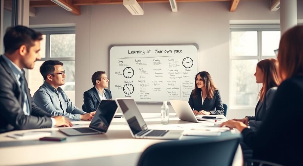 A serene and inspiring study environment depicting a diverse group of professionals engaged in learning. In the foreground, a neatly arranged table displays laptops and course materials, while individuals in professional business attire—two men and two women—discuss concepts, actively participating in the class. The middle ground shows a whiteboard filled with diagrams and notes, emphasizing "learning at your own pace" with illustrated clocks symbolizing flexibility. The background features large windows allowing natural light to flood the room, creating a warm and inviting atmosphere. Soft shadows enhance the depth, and a slight blur effect captures a sense of focus and engagement in the learning process. The overall mood is encouraging and motivational, focusing on personal and professional growth.