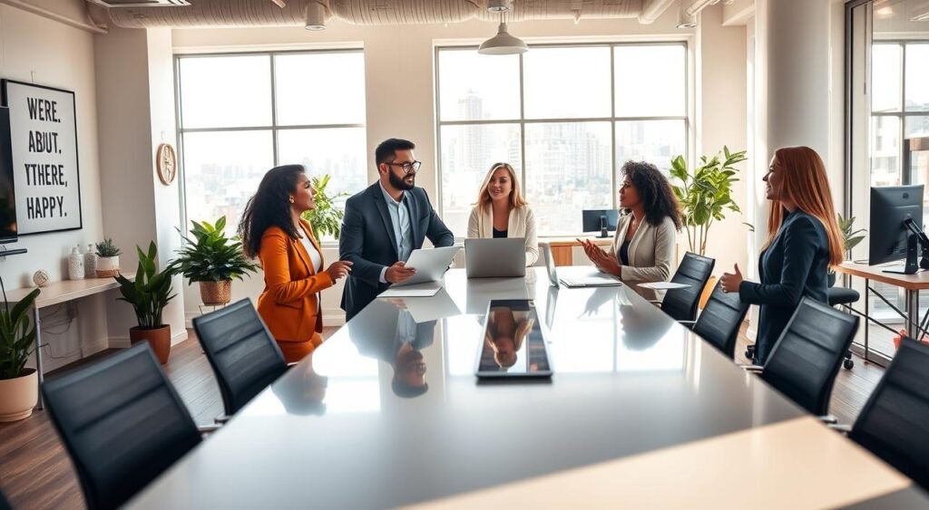 A vibrant and inspiring workspace illustrates the concept of &amp;quot;high performance.&amp;quot; In the foreground, a diverse group of three professionals, a man and two women, dressed in smart business attire, are engaged in animated discussion around a sleek, modern conference table. The middle ground features an open office layout with motivational art on the walls, sleek technology, and plants that add a refreshing touch. In the background, large windows allow soft natural light to fill the space, enhancing productivity. The atmosphere is dynamic and focused, conveying a sense of teamwork and high energy. The angle captures the professionals in a slight upward perspective, highlighting their engagement and the optimistic mood of the setting. Gentle shadows create a balanced composition, with a warm color palette promoting creativity and well-being.