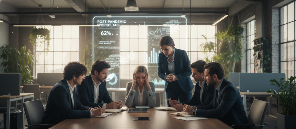 A modern office environment depicting the challenges of post-pandemic people management. In the foreground, a diverse group of professionals in business attire engage in a brainstorming session around a large table, showing expressions of concern and focus. In the middle ground, a digital screen displays data analytics and employee feedback, emphasizing the need for new strategies. The background features an open office layout with flexible workspaces and greenery, symbolizing adaptability and collaboration. Soft, natural lighting floods the room from large windows, creating a warm yet serious atmosphere. The overall mood conveys a sense of urgency and innovation as organizations navigate current human resource challenges.