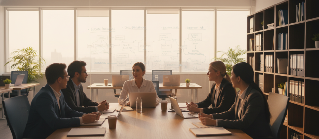 A professional setting depicting continuous learning as a growth strategy in the workplace. In the foreground, a diverse group of young professionals is engaged in a collaborative discussion around a table, showcasing a blend of genders and ethnic backgrounds. They are dressed in smart business attire, projecting an atmosphere of motivation and focus. The middle ground features open laptops, notepads, and a whiteboard filled with brainstorming ideas and mind maps. In the background, large windows allow natural light to flood the room, illuminating a bookshelf filled with educational materials. The overall mood is optimistic and dynamic, emphasizing teamwork, knowledge, and professional development. Use soft lighting to create a warm yet productive atmosphere.