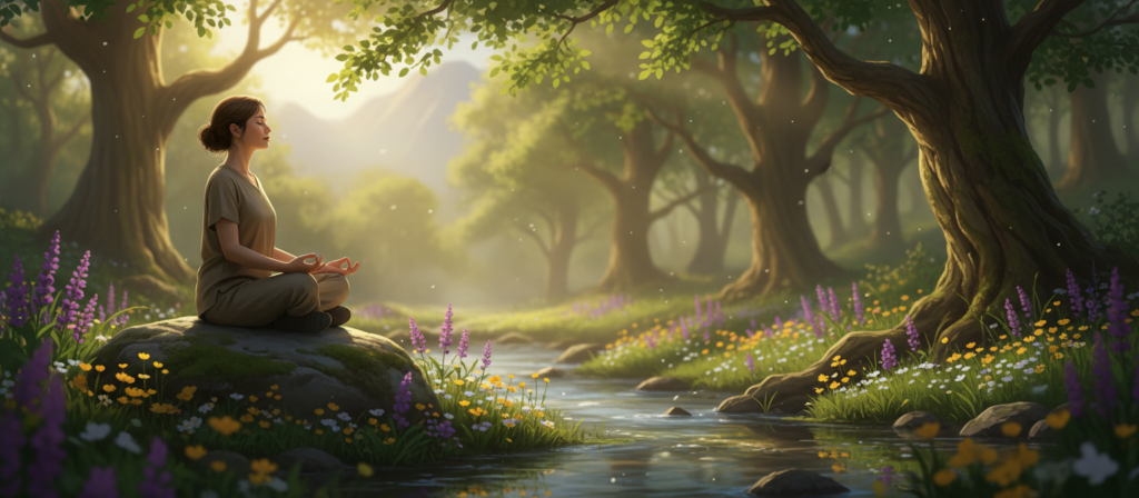 A serene forest scene during golden hour, with warm, diffused sunlight filtering through lush green leaves. In the foreground, a tranquil figure in modest casual clothing sits peacefully on a mossy rock by a gentle stream, meditating with closed eyes and a calm expression. In the middle ground, wildflowers bloom vibrantly along the water's edge, enhancing the feeling of serenity. The background features tall trees with soft, swirling foliage that creates a sense of depth, accompanied by subtle hints of distant mountains. The overall mood is peaceful and rejuvenating, evoking a deep connection to nature, perfect for illustrating stress reduction through nature contact. The composition focuses on natural elements, emphasizing harmony and tranquility without distractions.