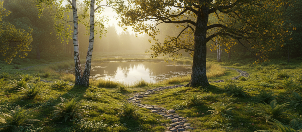 A serene outdoor scene showcasing the captivating interplay between nature and the mind. In the foreground, delicate ferns and vibrant green moss create a lush carpet, inviting focus. In the middle ground, a tranquil pond reflects the surrounding greenery, while a couple of diverse trees, one an elegant birch and another a sturdy oak, frame the scene, their leaves fluttering gently in a soft breeze. In the background, a sun-drenched forest glows with dappled light filtering through the branches, casting playful shadows on the ground. The lighting is warm and inviting, evoking a sense of calm and clarity, promoting feelings of focus and creativity. The overall atmosphere is peaceful, inspiring a deep connection with nature and enhancing mental well-being.