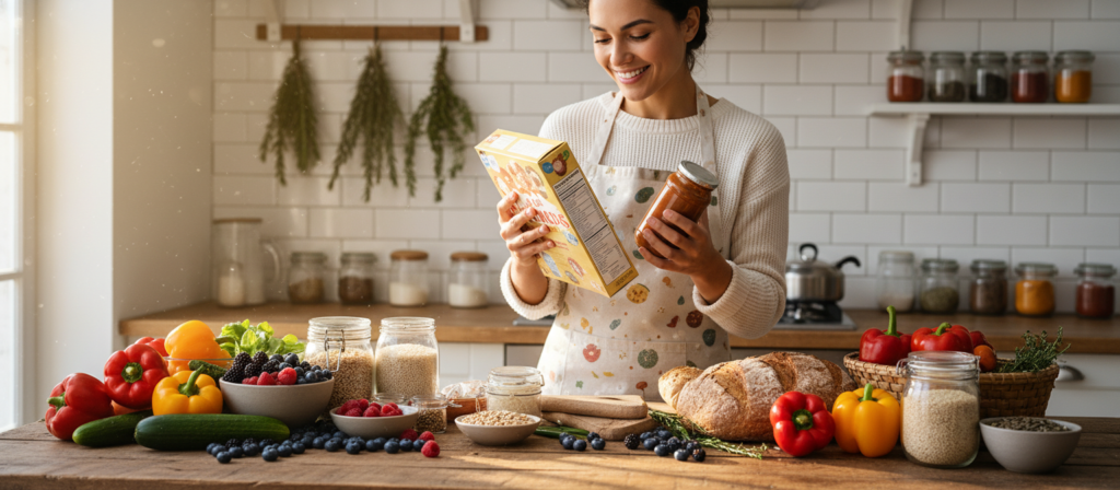 A vibrant kitchen scene showcasing healthy food choices. In the foreground, a wooden table displays a colorful arrangement of fresh fruits and vegetables, such as bell peppers, cucumbers, and berries, alongside whole grains like brown rice and quinoa. In the middle ground, a cheerful person, dressed in a cozy kitchen outfit, is examining food labels on packaged items to identify processed foods; they maintain a focused expression. In the background, a softly lit kitchen setting emphasizes cleanliness and organization, with hanging herbs and jars filled with spices. Warm, natural light pours in from a nearby window, creating a welcoming and energized atmosphere, ideal for promoting healthy eating habits. The overall mood conveys mindfulness and positivity in food choices.