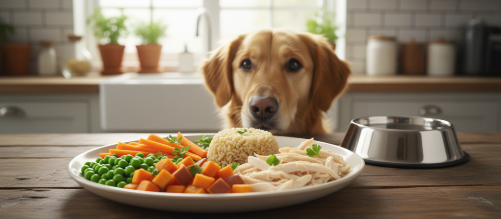 An artfully arranged balanced meal plate for dogs, showcasing a variety of colorful ingredients. In the foreground, the plate features fresh vegetables like carrots, peas, and sweet potatoes, alongside protein sources such as shredded chicken and brown rice. The middle ground includes a rustic wooden table with a dog bowl beside the meal, and a playful dog looking curiously at the plate. In the background, a bright kitchen with soft natural light streaming through a window creates a cheerful ambiance. Use a shallow depth of field to emphasize the details on the plate, highlighting the vibrant colors and textures of the food. The mood should be inviting and warm, reflecting the care taken in preparing a nutritious homemade meal for dogs.