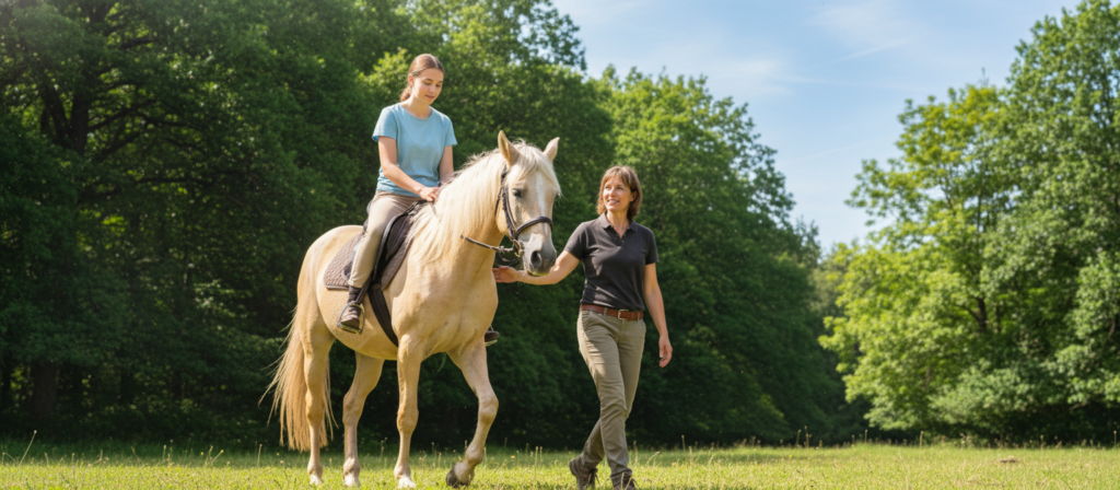 A serene equotherapy session taking place in a lush, green meadow, featuring a calm horse and a young person gently riding. In the foreground, focus on the connection between the rider, dressed in modest casual clothing, and the horse, highlighting their bond through soft expressions and gentle touches. The middle ground includes a certified therapist, also in professional attire, guiding the experience with a supportive stance and encouraging smile. The background showcases vibrant trees and a clear blue sky, creating a tranquil atmosphere that emphasizes the healing power of nature. Soft, natural sunlight filters through the leaves, casting gentle shadows, evoking a peaceful and uplifting mood. The composition is framed with a slight upward angle to create a sense of hope and connection.