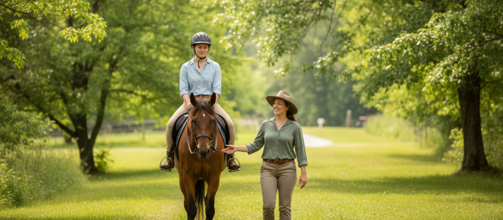 A tranquil equine therapy session taking place in a lush, green outdoor setting. In the foreground, a young adult, dressed in modest casual clothing, gently guides a calm horse while sitting on it, demonstrating a look of concentration and serenity. In the middle ground, a certified therapist, wearing professional attire, observes and assists the session, while offering supportive encouragement. The background features a serene landscape with vibrant trees and gentle sunlight filtering through leaves, creating a warm, inviting atmosphere. The scene captures a sense of connection between the individual, the horse, and nature, emphasizing the therapeutic benefits of equine therapy. The overall mood is peaceful and uplifting, highlighting the beauty of nature and its positive impact on well-being. Soft, natural lighting enhances the tranquil setting.