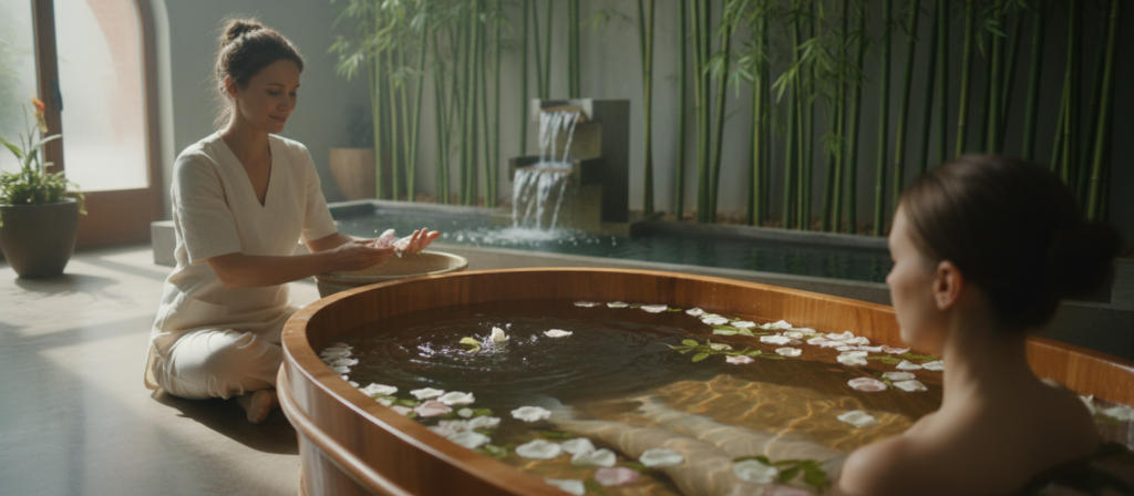 A serene hydrotherapy scene illustrating the therapeutic properties of water. In the foreground, a tranquil spa setting with a beautifully arranged wooden bathtub filled with crystal-clear water, gently shimmering under soft ambient lighting. Delicate floating petals enhance the calming atmosphere. In the middle, a professional-looking therapist, dressed in modest casual clothing, demonstrates a water hand therapy technique, showcasing fluid movement. The background features a peaceful indoor environment with bamboo plants and tranquil water features, creating a soothing oasis. The scene is lit with warm, natural light filtering through large windows, inviting a sense of relaxation and wellness. Emphasize the harmony of nature and modern therapeutic practices, evoking a mood of tranquility and healing.